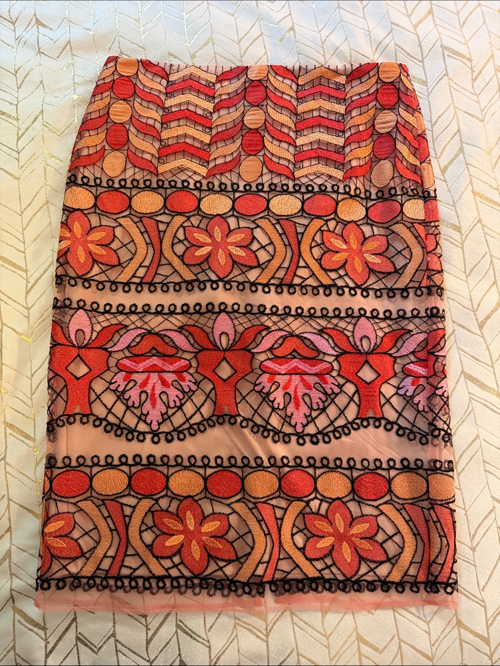 ECI Pink and Orange Embroidered Pencil Skirt